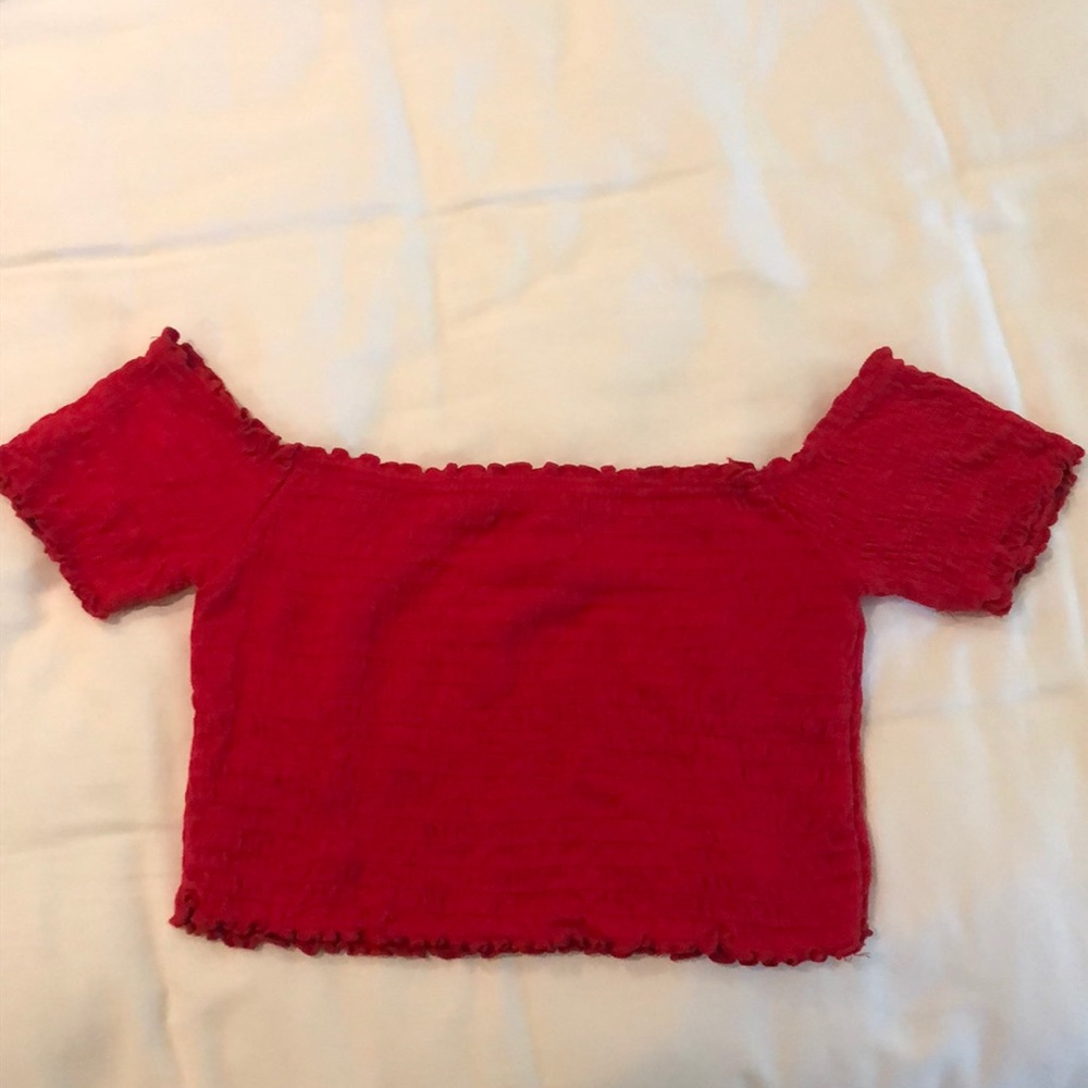 off the shoulder red scrunchy crop top